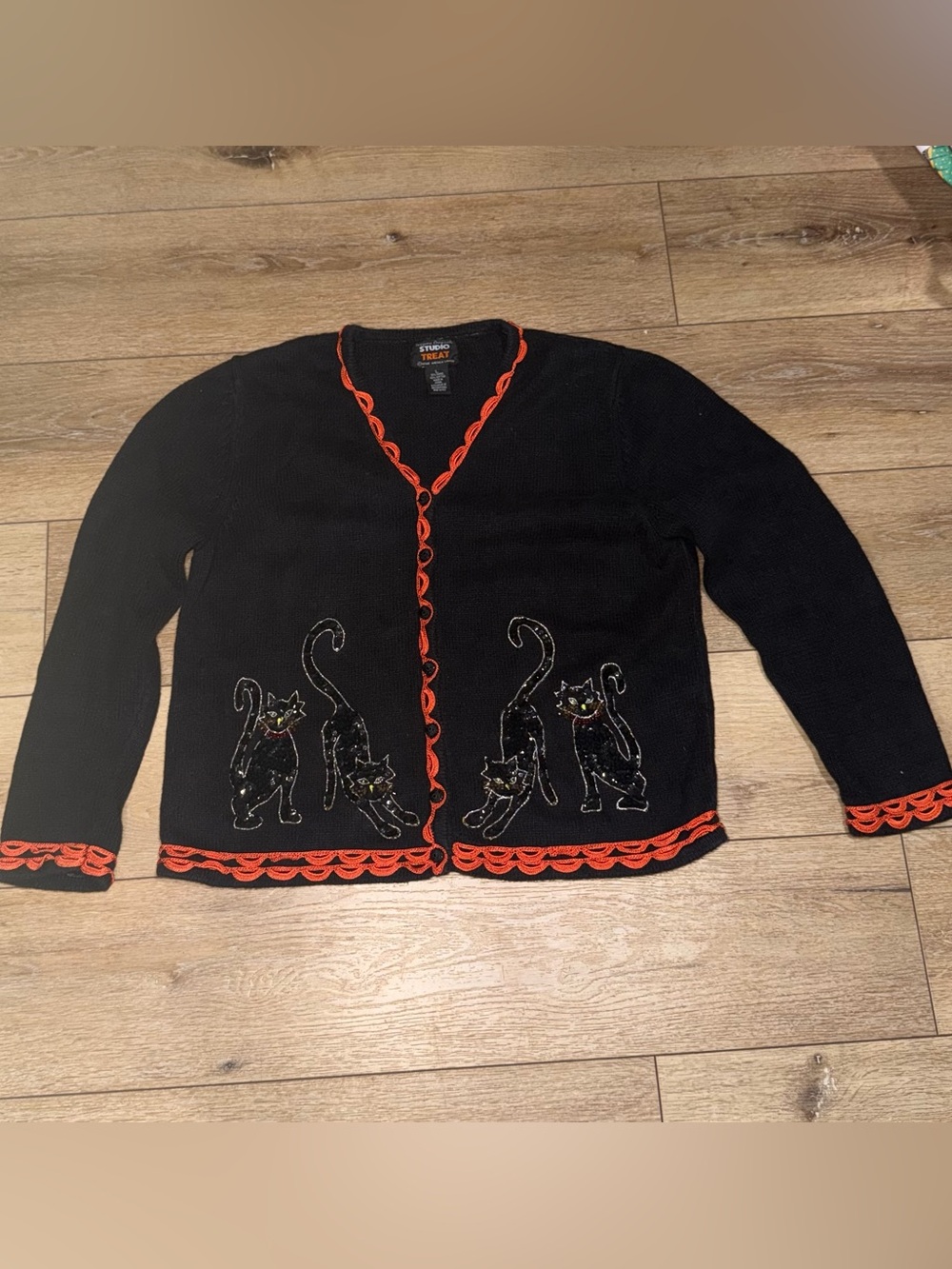 Vintage Granny Black Cat Halloween Sweater Cardigan Large